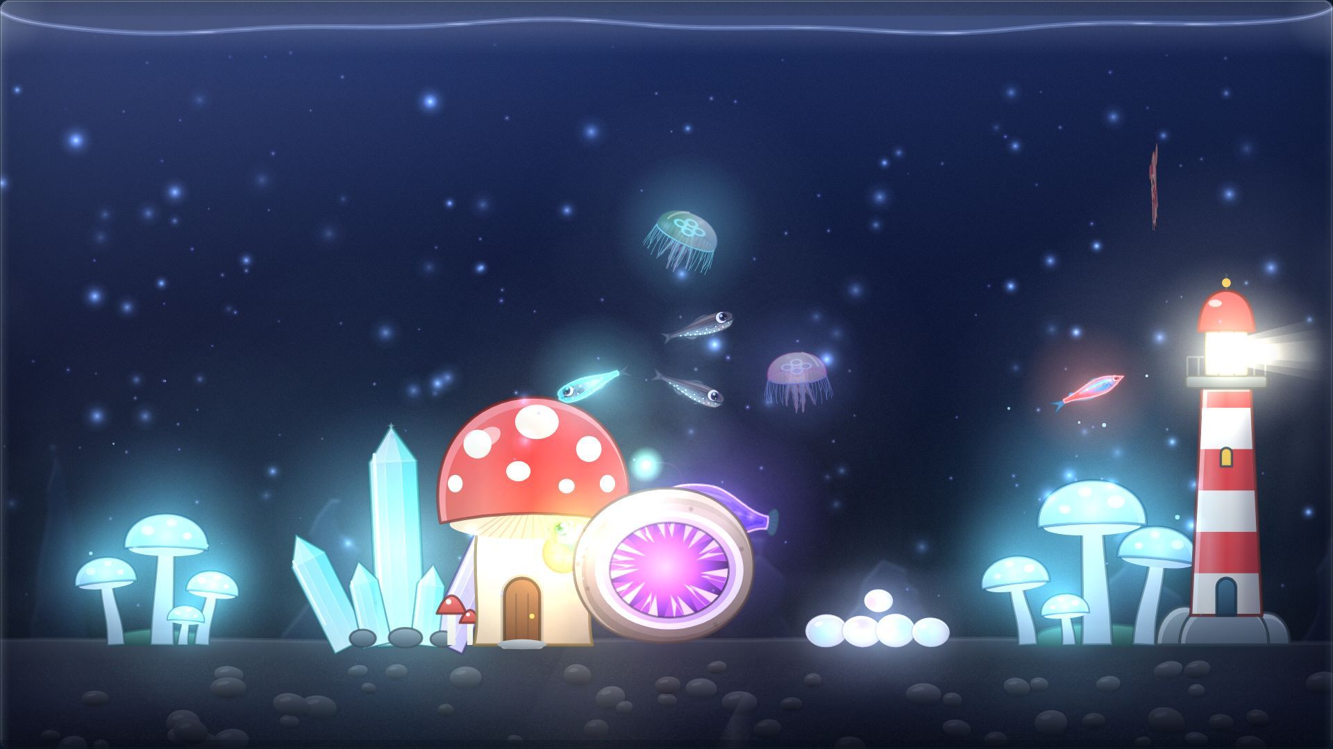 The Midnight Abyss biome: glowing mushrooms, crystals and a little lighthouse in the dark.