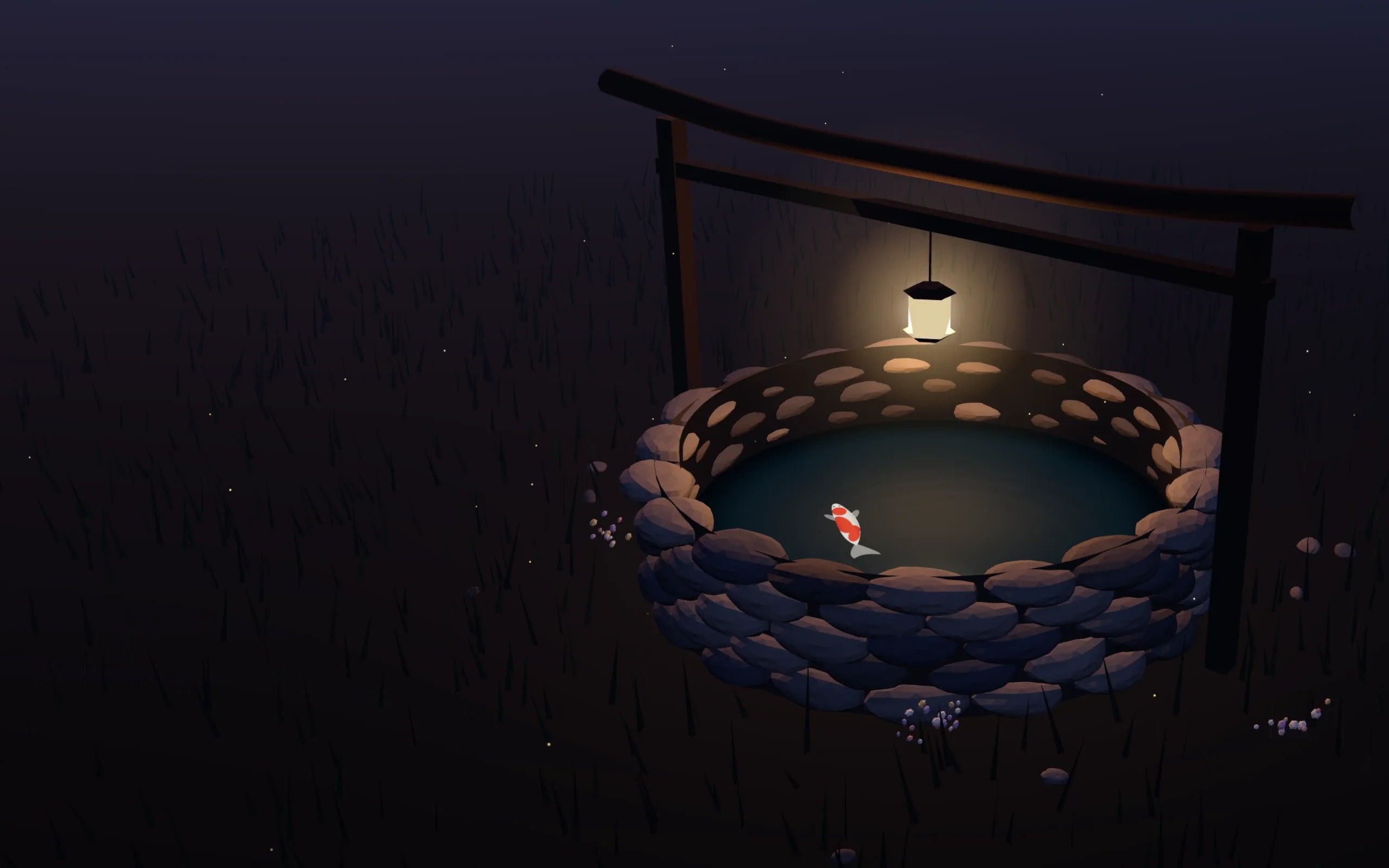The Idlewell well at blue hour, its lantern lit.